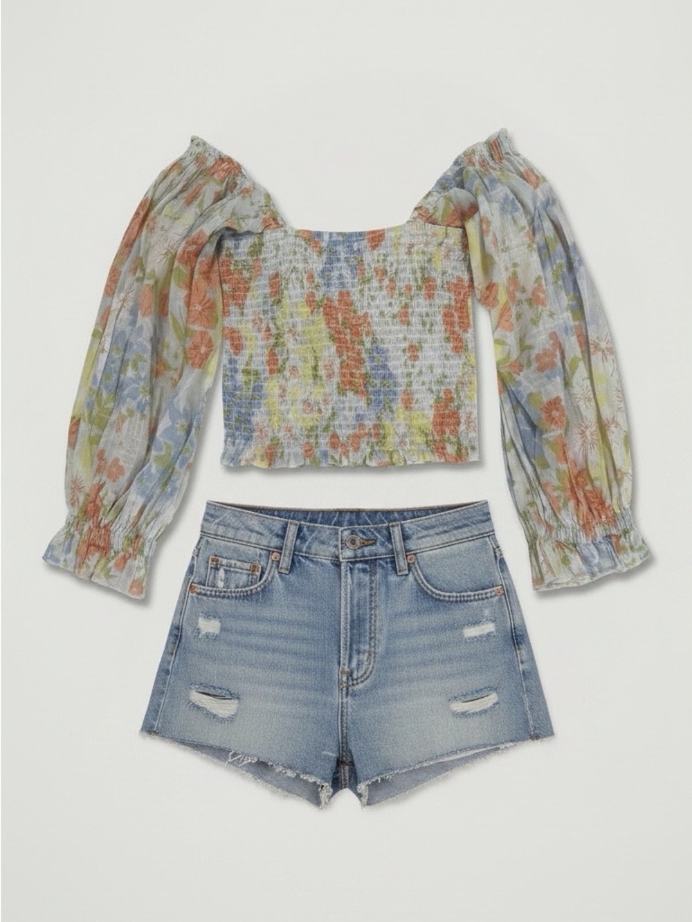 Billabong Floral Smocked Off-Shoulder Crop Top in Blue, Green & Orange